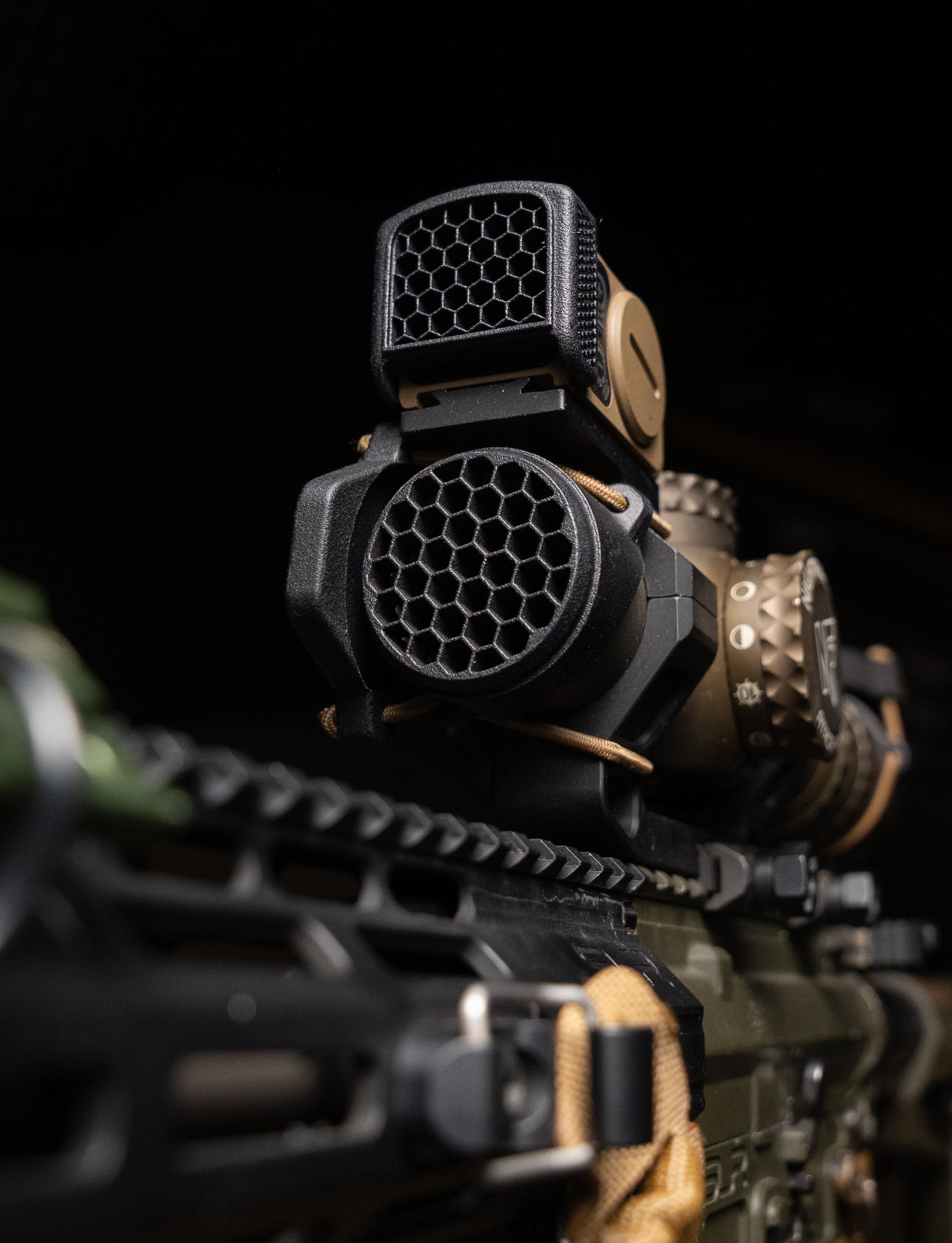 ScopeCap Pro protective scope caps with built-in killflash anti-reflection device on Nightforce ATACR 1-8x24mm F1 with Aimpoint ACRO P2 HexCap red dot cover