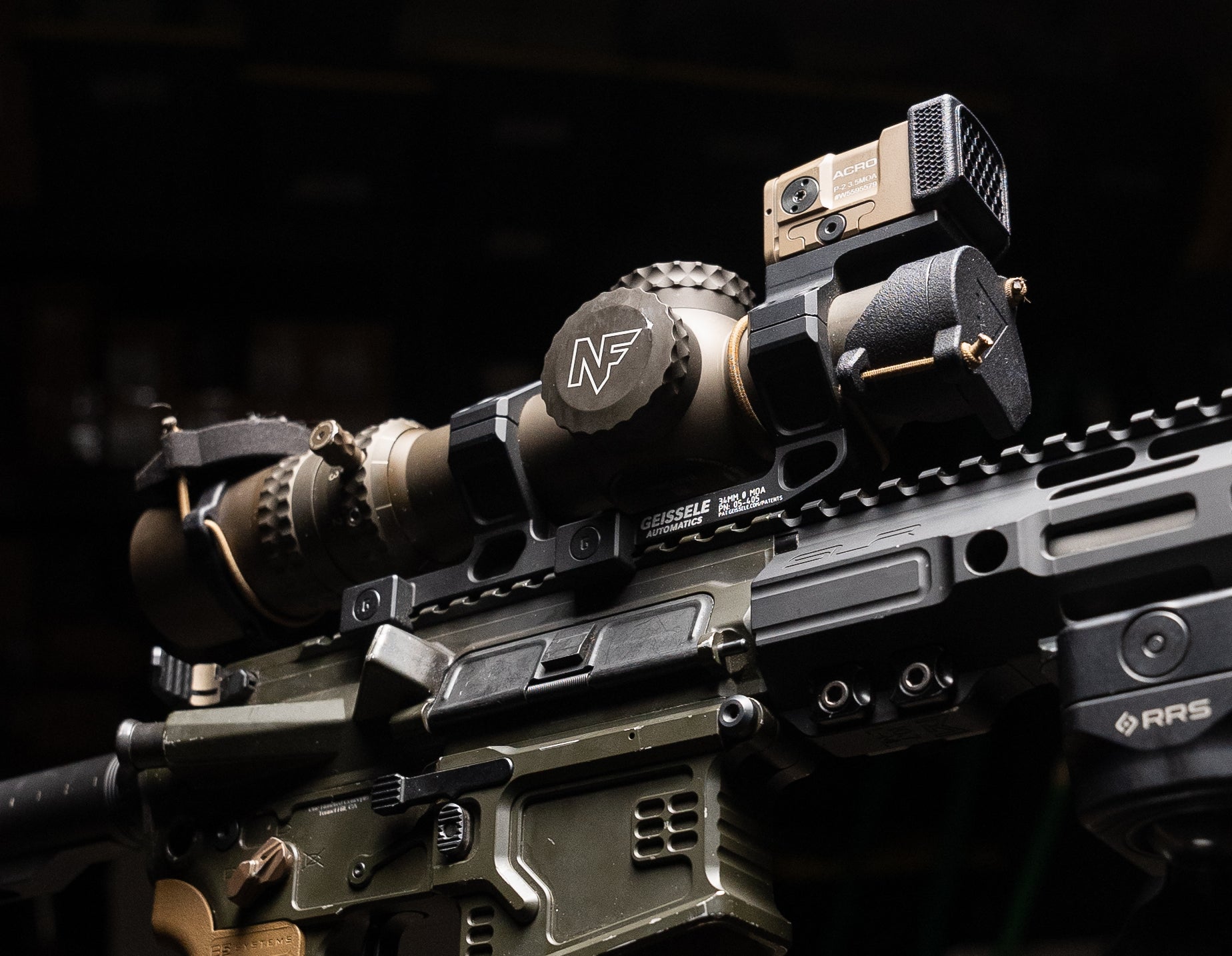 ScopeCap Pro protective scope caps with built-in kill flash anti-reflection device on Nightforce ATACR 1-8x24mm F1 with Aimpoint ACRO P2 HexCap red dot cover