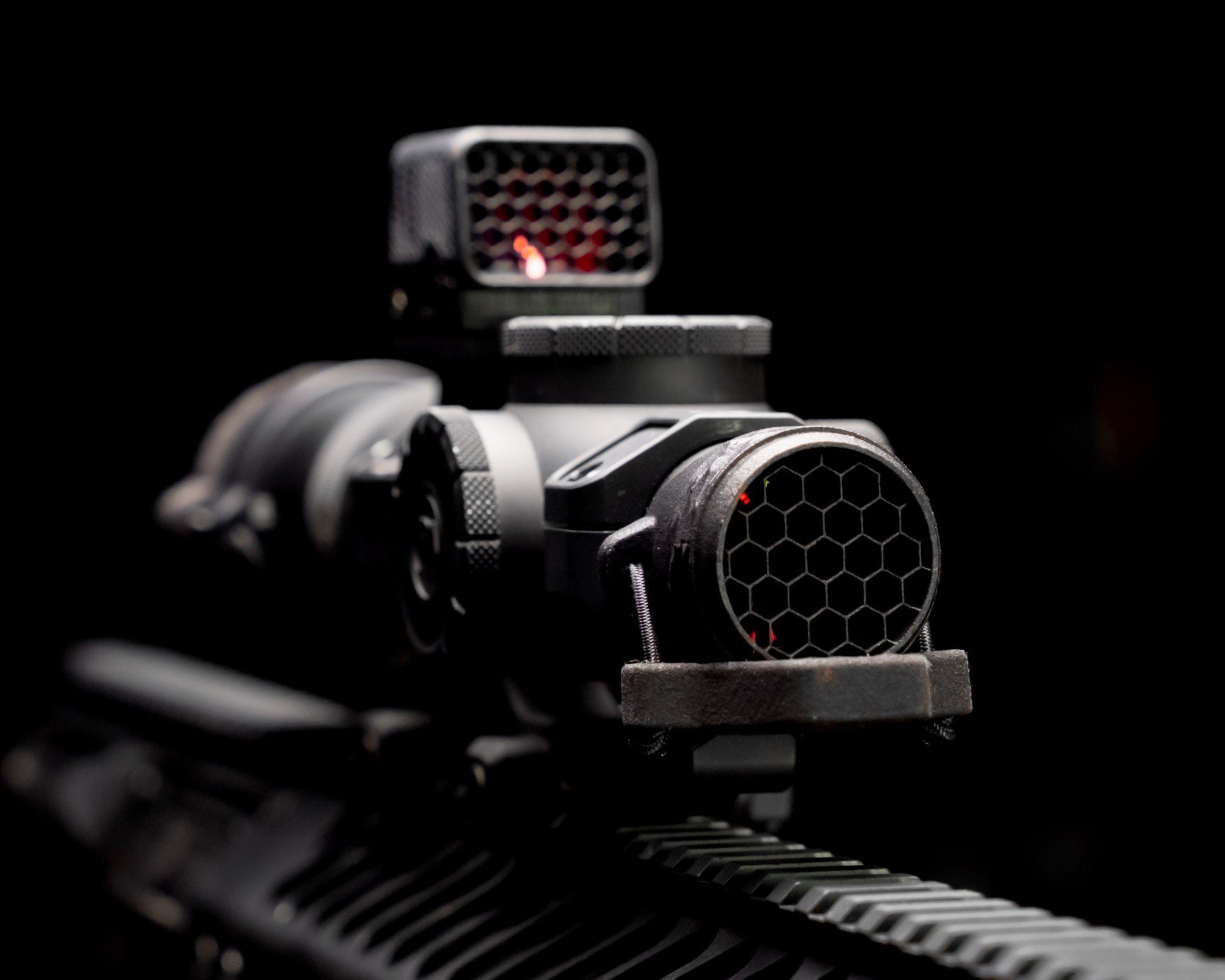Scope Cap Pro scope cover with anti-reflection device on Primary Arms PLxC 1-8 LPVO with Holosun top dot and HexCap red dot cover